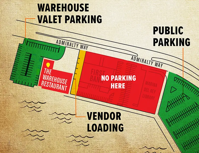 A map of the parking areas for the Shipwrecked event vendors shows valet parking at The Warehouse and a public lot a ways away. There is no parking between The Warehouse and the public lot